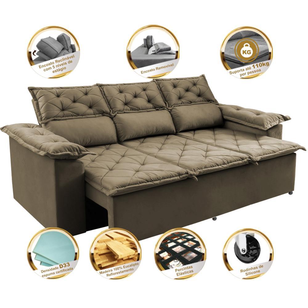 Sofá 3 Lugares Retrátil e Reclinável Cama inBox Compact 2,00m Velusoft Castor - 3