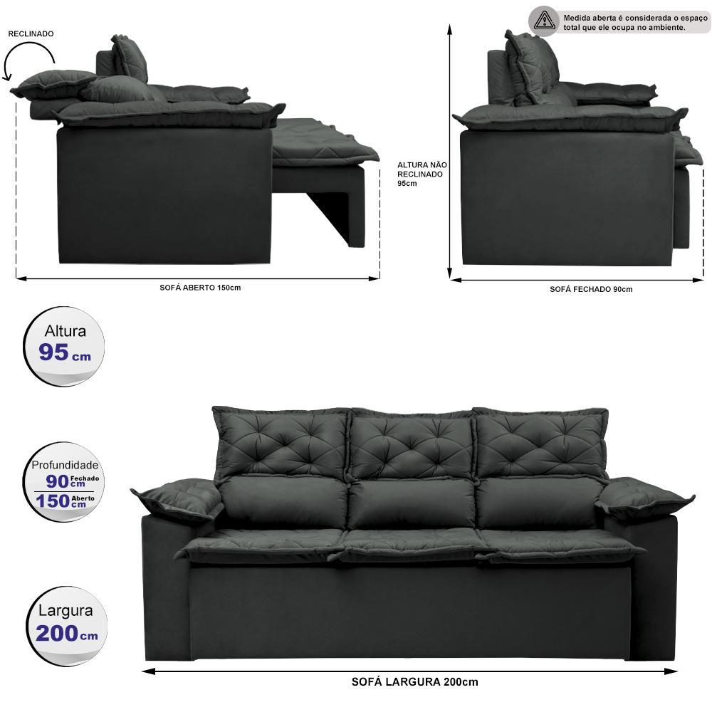 Sofá 3 Lugares Retrátil e Reclinável Cama inBox Compact 2,00m Velusoft Cinza - 2