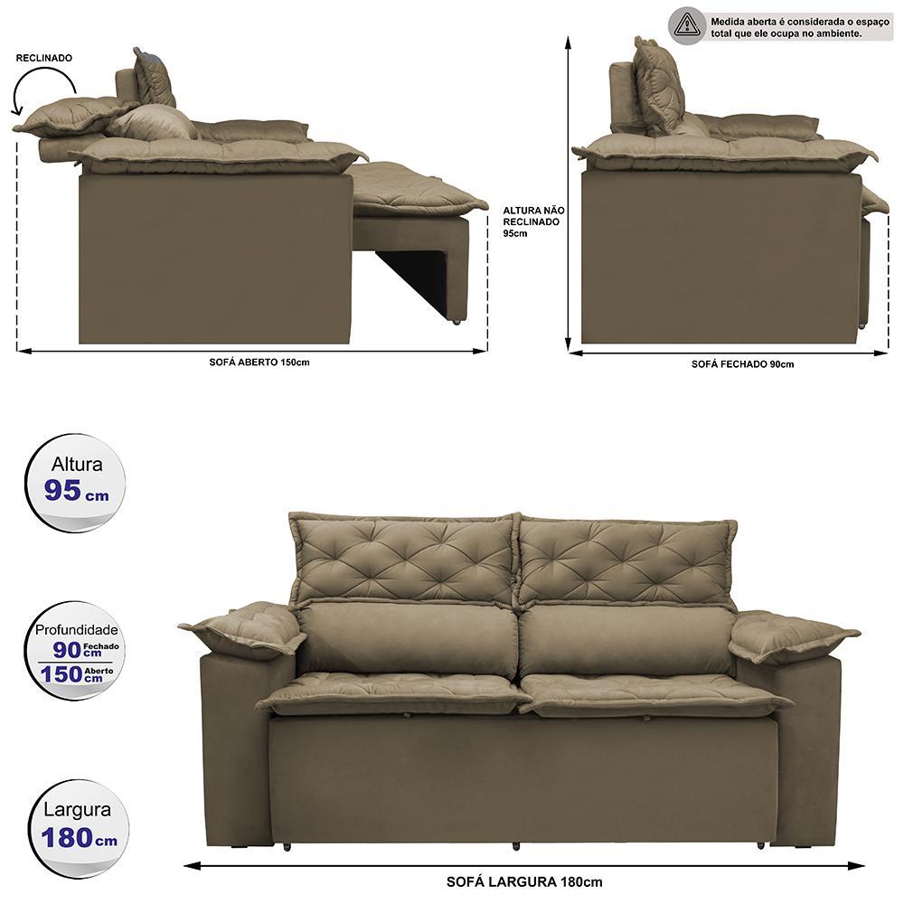 Sofá 3 Lugares Retrátil e Reclinável Cama inBox Compact 1,80m Velusoft Castor - 2