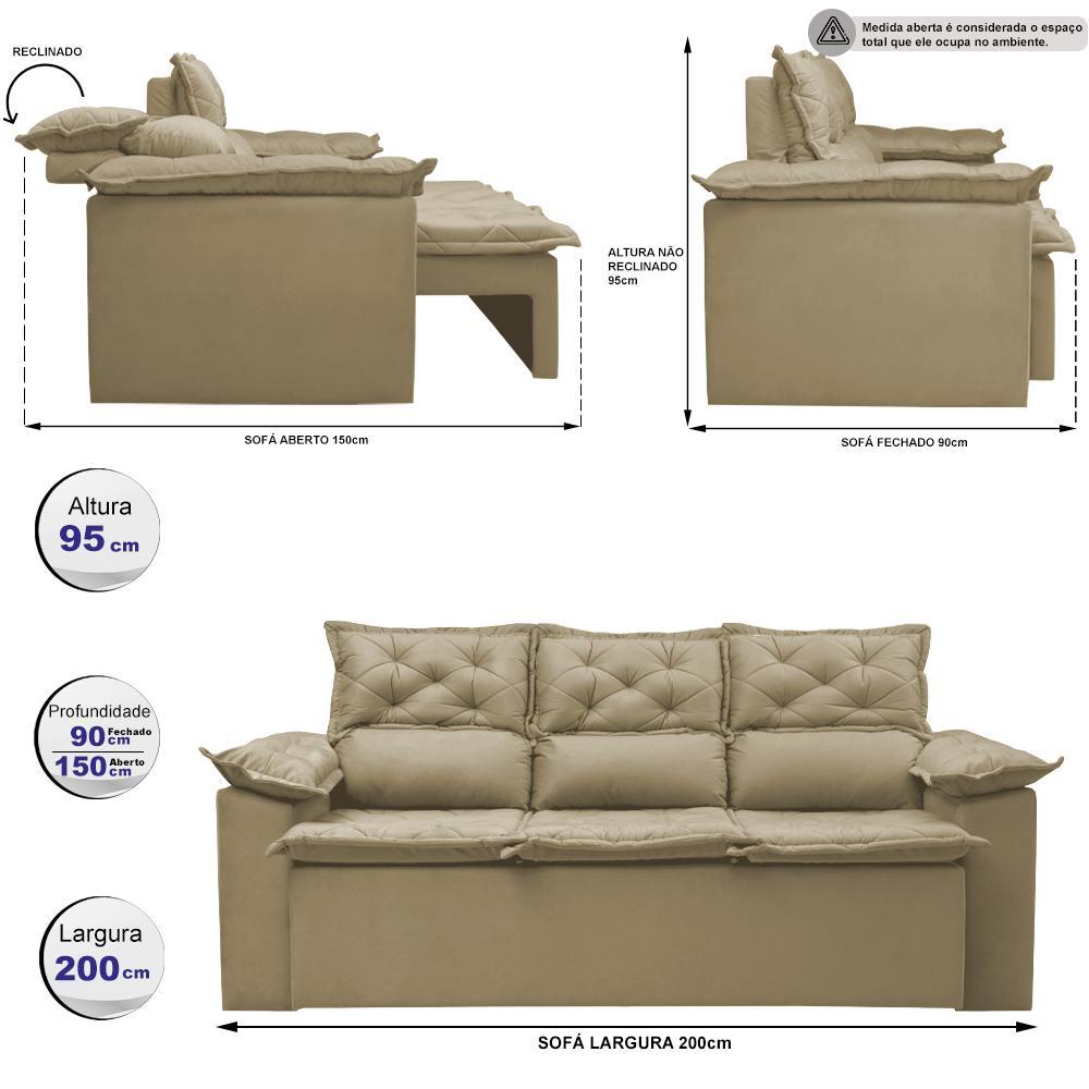 Sofá 3 Lugares Retrátil e Reclinável Cama inBox Compact 2,00m Velusoft Bege - 2