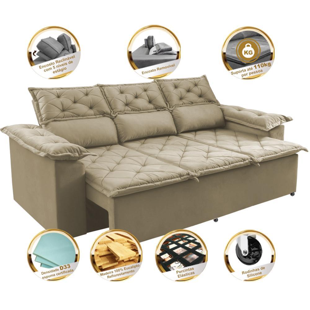 Sofá 3 Lugares Retrátil e Reclinável Cama inBox Compact 2,00m Velusoft Bege - 3