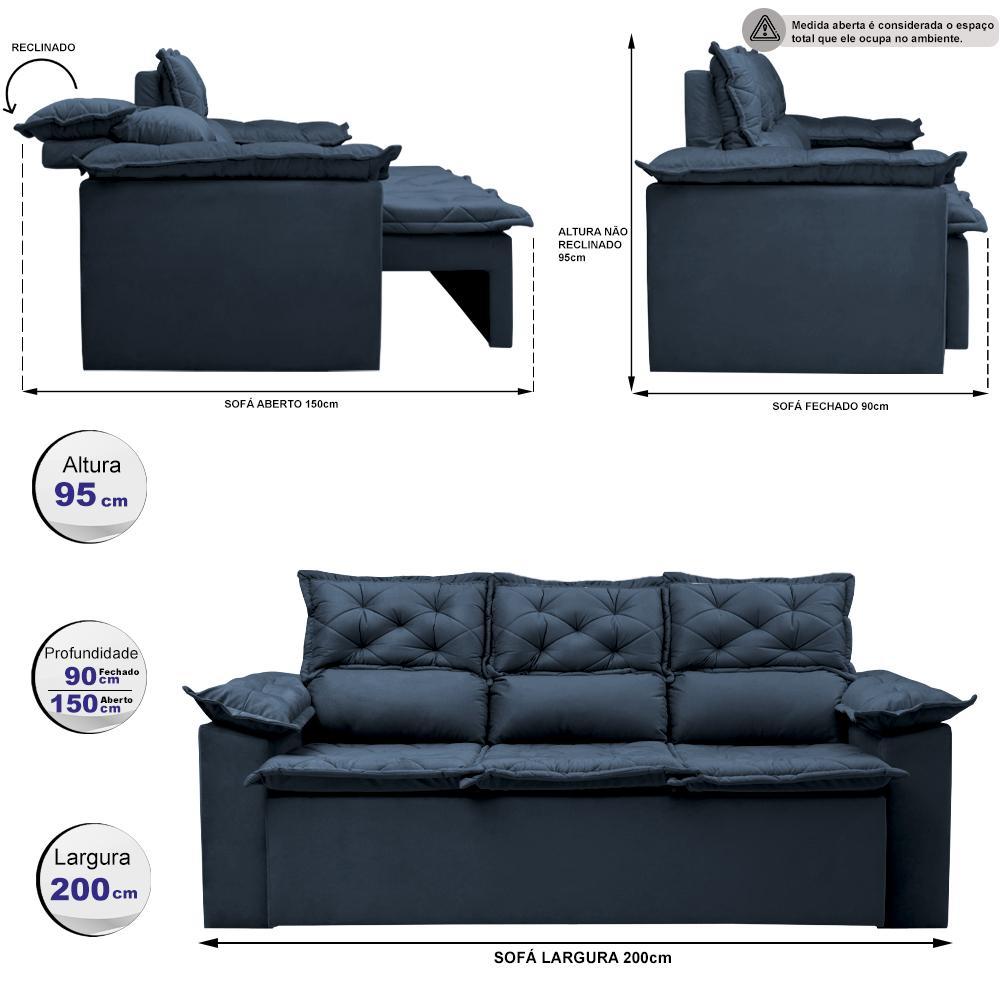 Sofá 3 Lugares Retrátil e Reclinável Cama inBox Compact 2,00m Velusoft Azul - 2