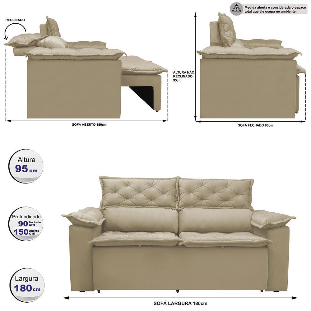 Sofá 3 Lugares Retrátil e Reclinável Cama inBox Compact 1,80m Velusoft Bege - 2