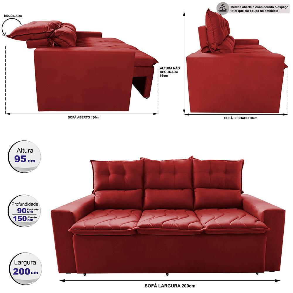 Sofá 3 Lugares Retrátil e Reclinável 2,00m Cama inBox Smal com bordado pantográfico Suede Vermelho - 2