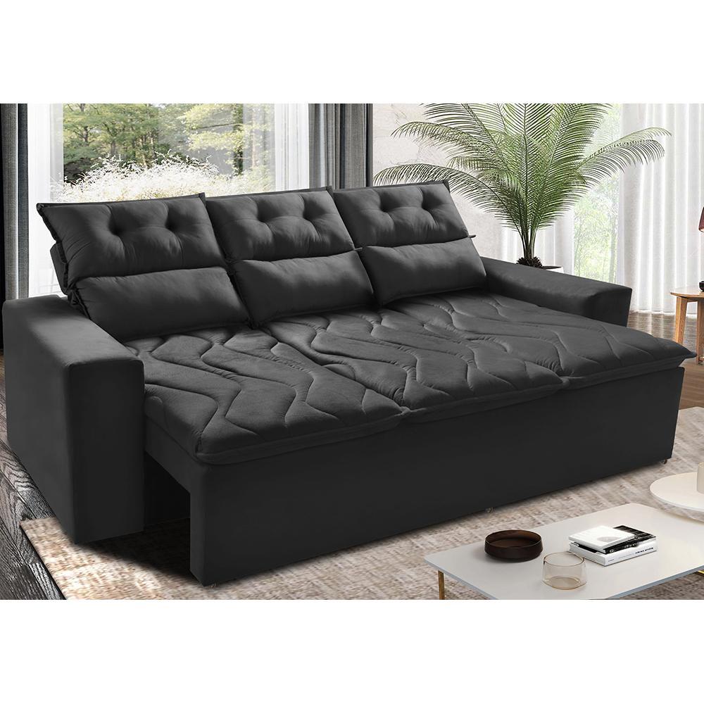 Sofá 3 Lugares Retrátil e Reclinável 2,00m Cama inBox Smal com bordado pantográfico Suede Preto - 1