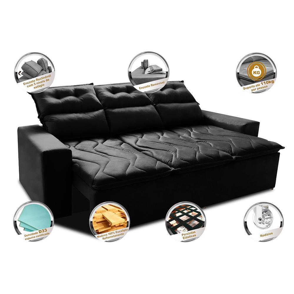 Sofá 3 Lugares Retrátil e Reclinável 2,00m Cama inBox Smal com bordado pantográfico Suede Preto - 3