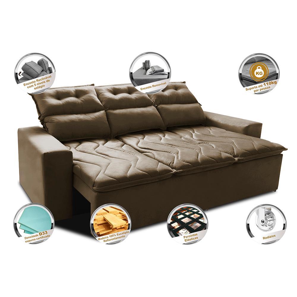 Sofá 3 Lugares Retrátil e Reclinável 2,00m Cama inBox Smal com bordado pantográfico Suede Castor - 3