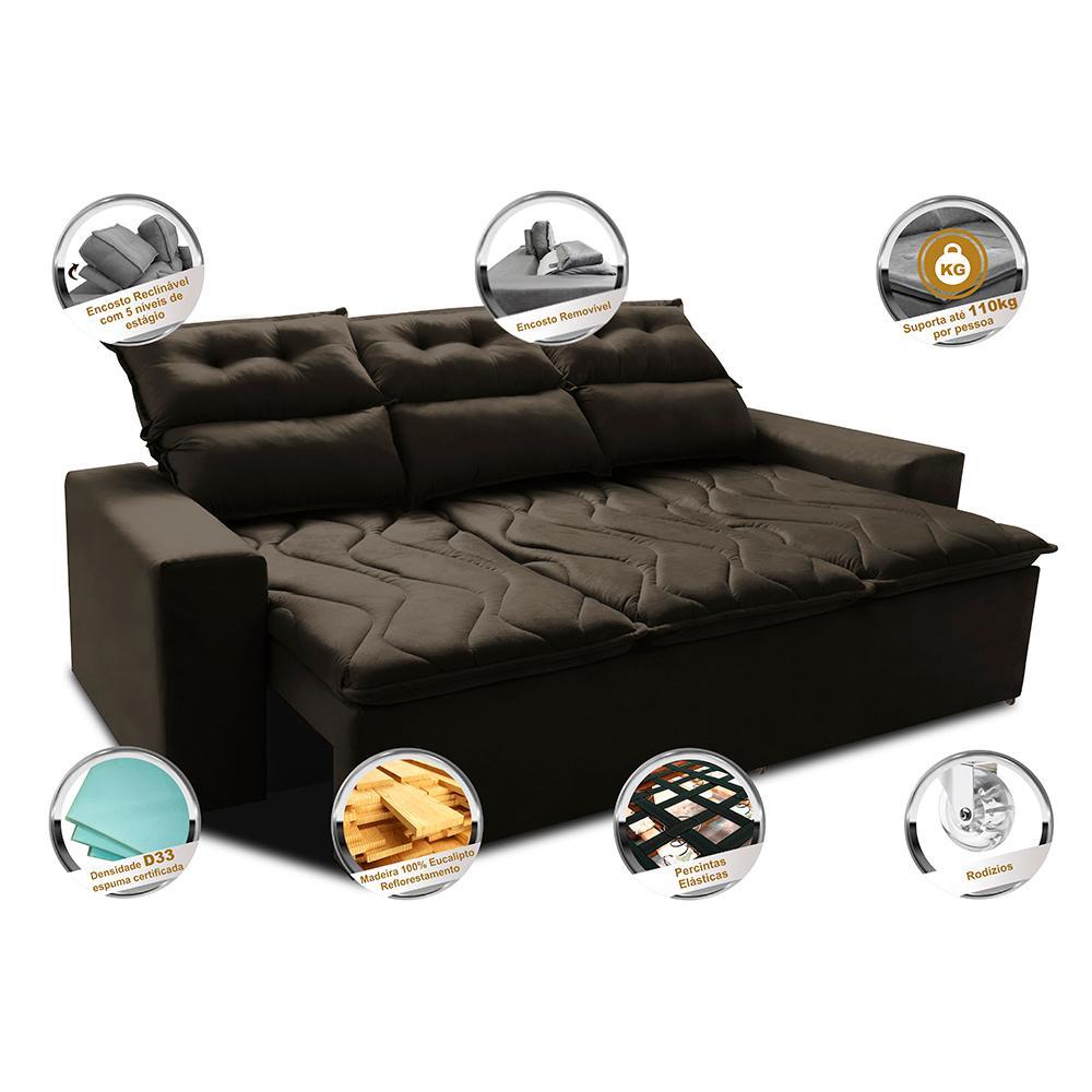 Sofá 3 Lugares Retrátil e Reclinável 2,00m Cama inBox Smal com bordado pantográfico Suede Café - 3
