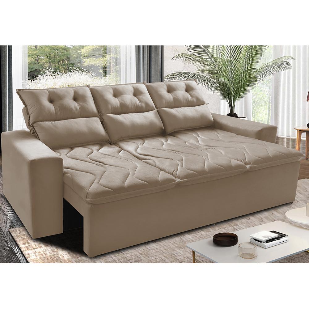 Sofá 3 Lugares Retrátil e Reclinável 2,00m Cama inBox Smal com bordado pantográfico Suede Bege - 1