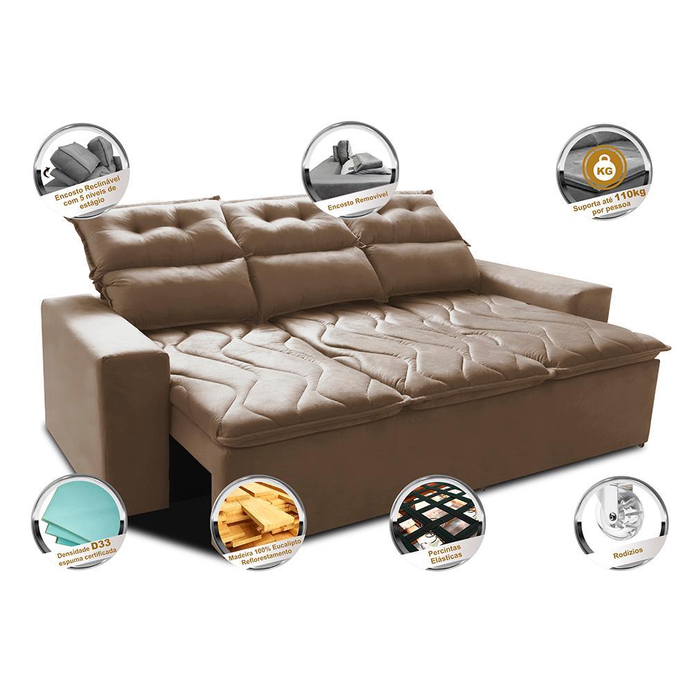 Sofá 3 Lugares Retrátil e Reclinável 2,00m Cama inBox Smal com bordado pantográfico Suede Bege - 3