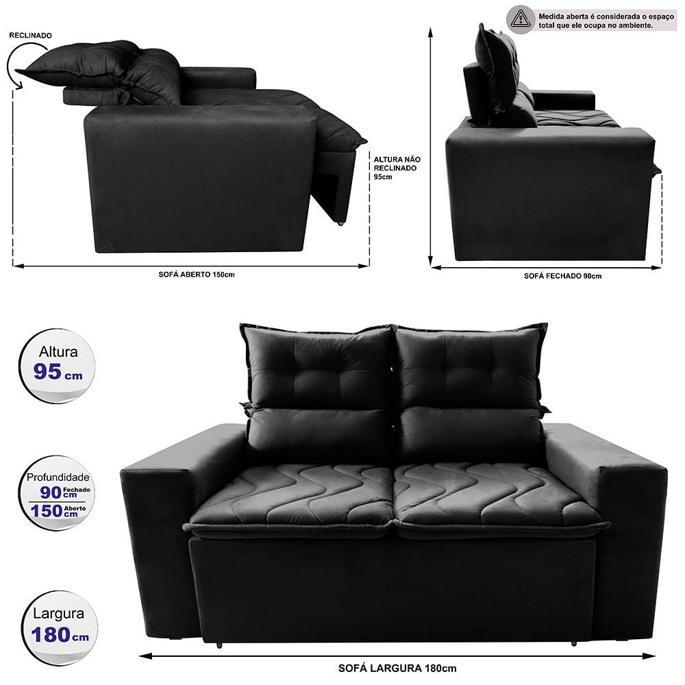 Sofá 3 Lugares Retrátil e Reclinável 1,80m Cama inBox Smal com bordado pantográfico Suede Preto - 2