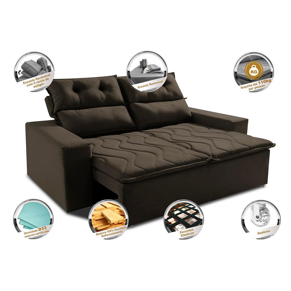 Sofá 3 Lugares Retrátil e Reclinável 1,80m Cama inBox Smal com bordado pantográfico Suede Café - 3