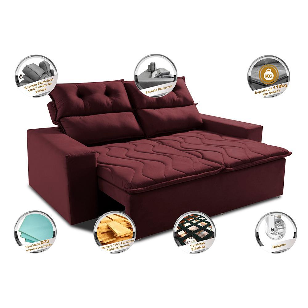 Sofá 3 Lugares Retrátil e Reclinável 1,80m Cama inBox Smal com bordado pantográfico Suede Vinho - 3