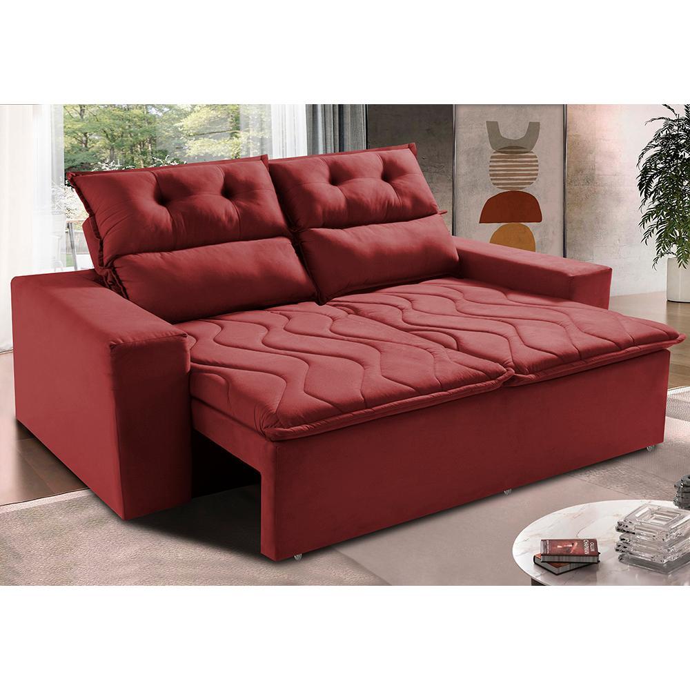 Sofá 3 Lugares Retrátil e Reclinável 1,80m Cama inBox Smal com bordado pantográfico Suede Vermelho - 1