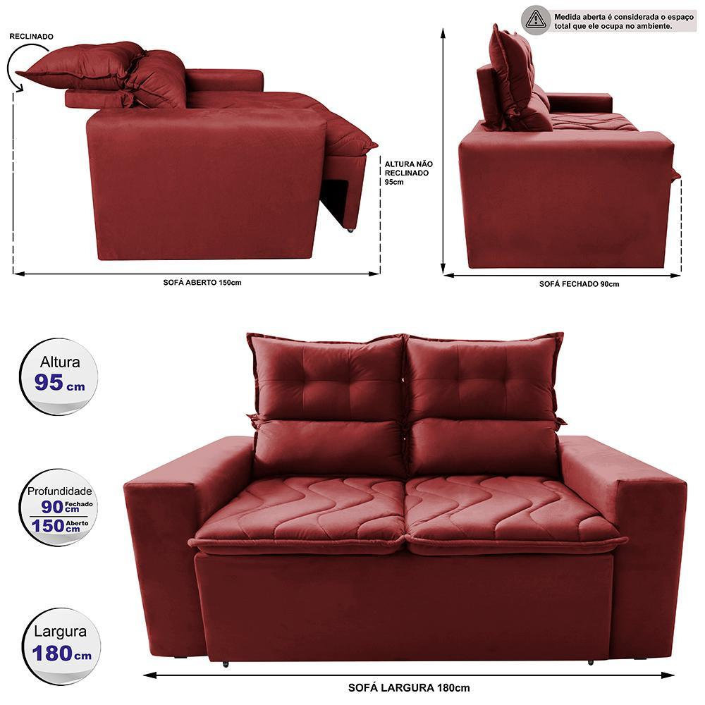 Sofá 3 Lugares Retrátil e Reclinável 1,80m Cama inBox Smal com bordado pantográfico Suede Vermelho - 2