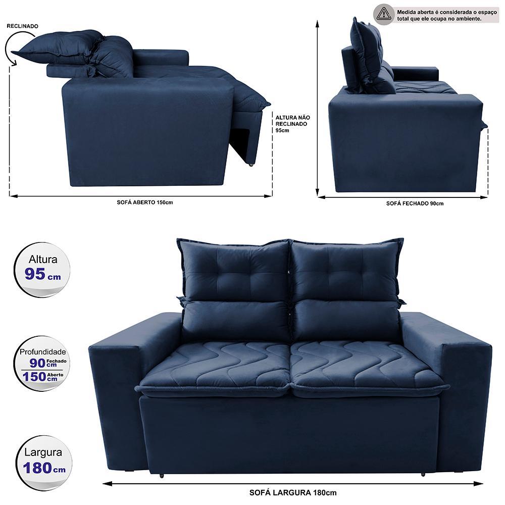 Sofá 3 Lugares Retrátil e Reclinável 1,80m Cama inBox Smal com bordado pantográfico Suede Azul - 2