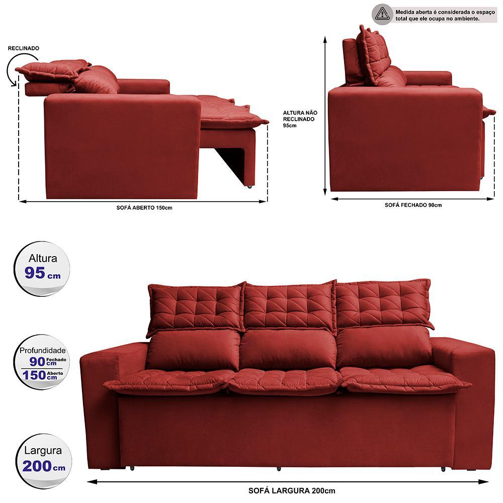 Sofá 3 Lugares Retrátil e Reclinável Cama inBox Slim 2,00m Velusoft Vermelho - 2