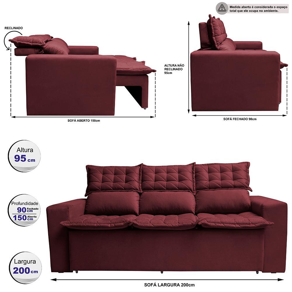 Sofá 3 Lugares Retrátil e Reclinável Cama inBox Slim 2,00m Velusoft Vinho - 2