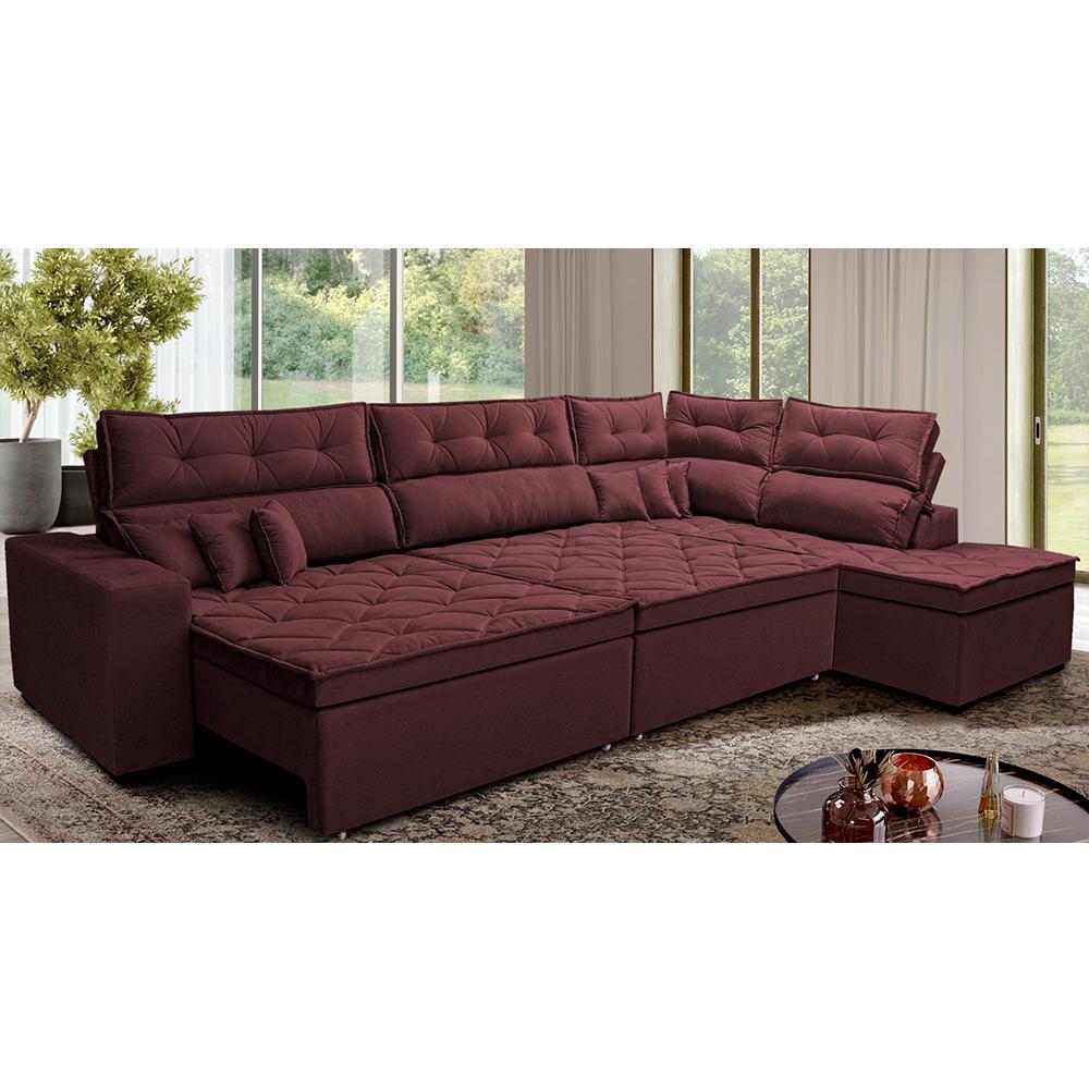 Sofá de Canto Retrátil e Reclinável Direito 3,00x2,36m Molas Cama inBox Espanha Velusoft Vinho - 1
