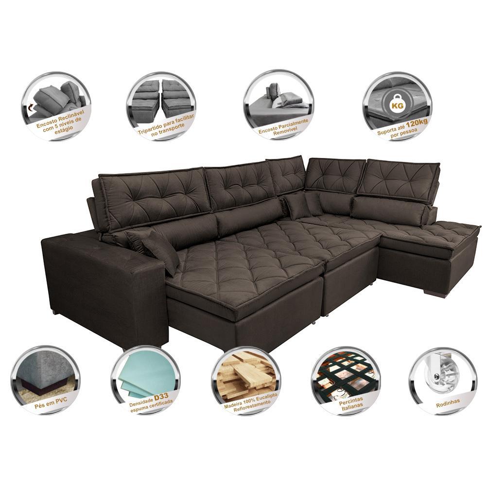 Sofá de Canto Retrátil e Reclinável Direito 3,00x2,36m Molas Cama inBox Espanha Velusoft Café - 3