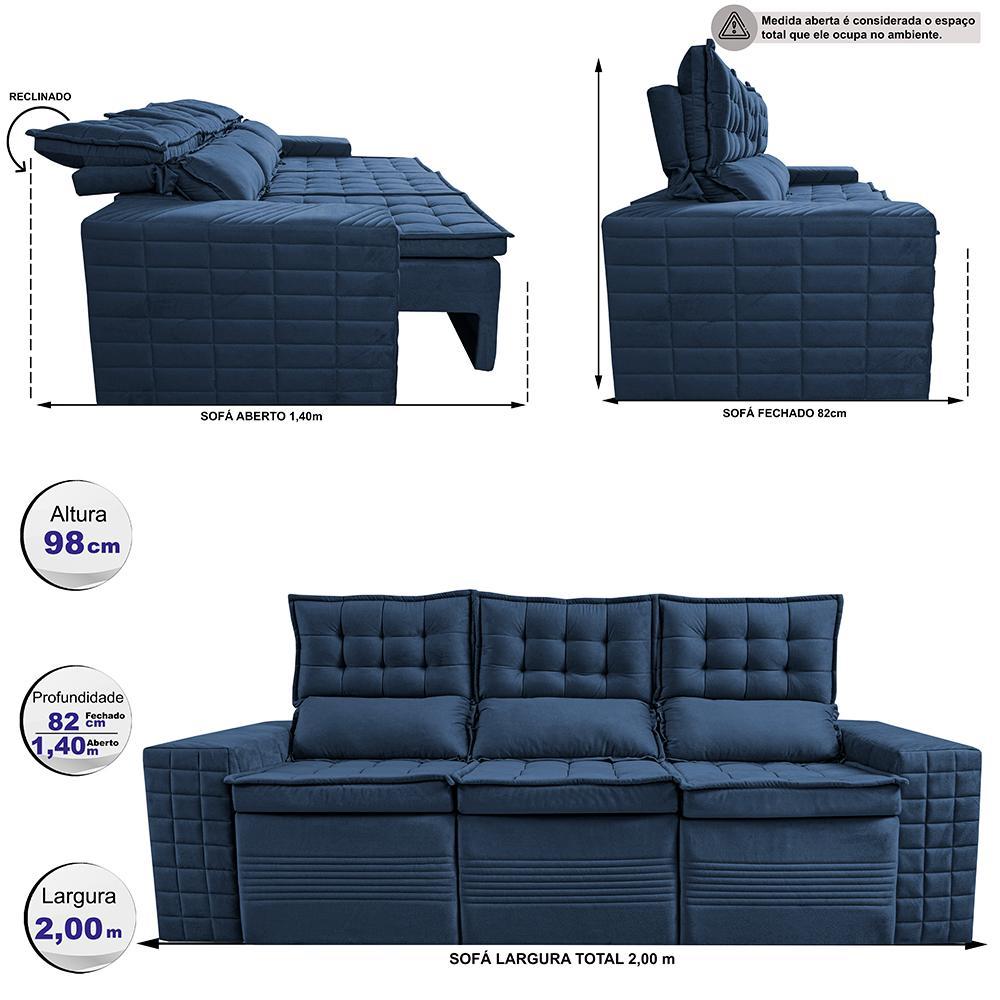 Sofá 3 Lugares Retrátil e Reclinável Cama inBox Senses 2,00m Velusoft Azul - 2