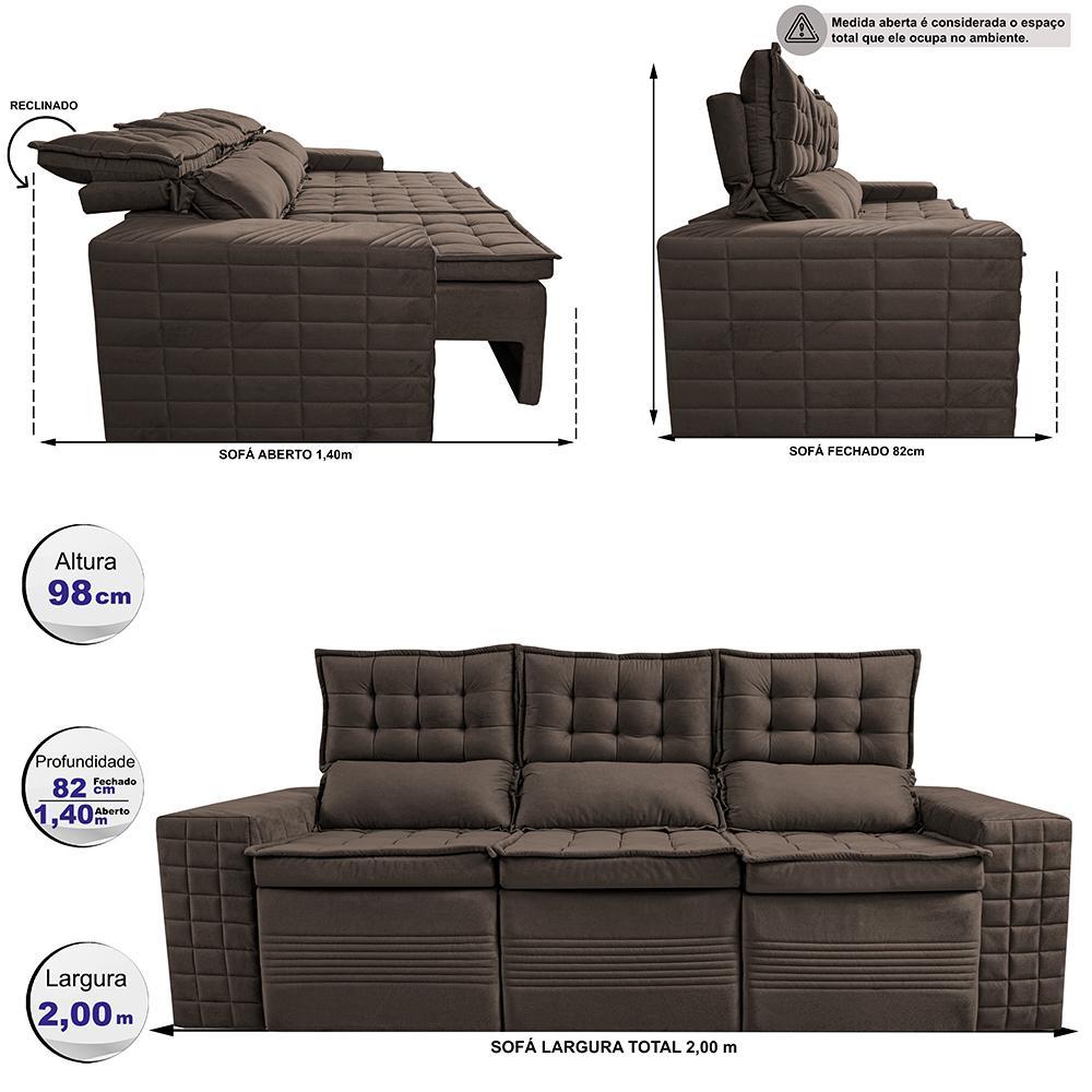 Sofá 3 Lugares Retrátil e Reclinável Cama inBox Senses 2,00m Velusoft Café - 2