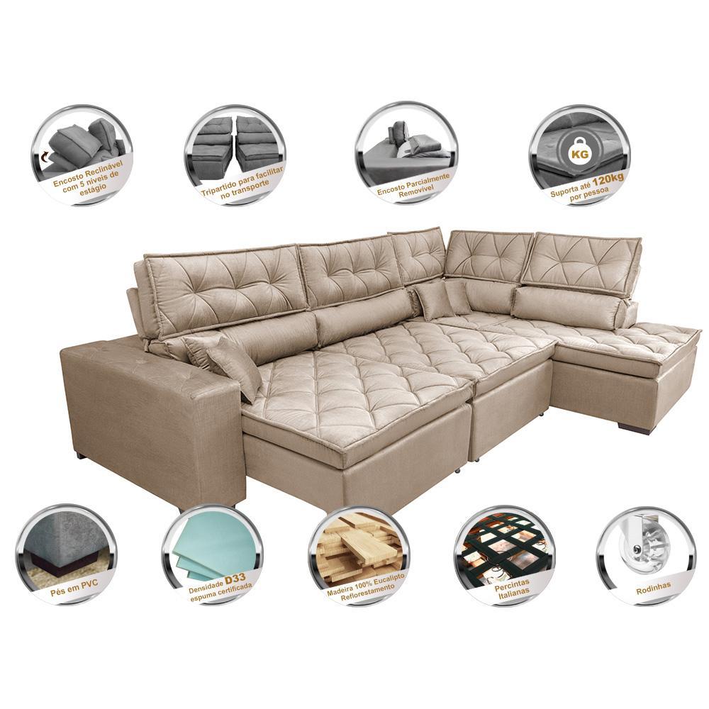 Sofá de Canto Retrátil e Reclinável Direito 3,00x2,36m Molas Cama inBox Espanha Velusoft Bege - 3