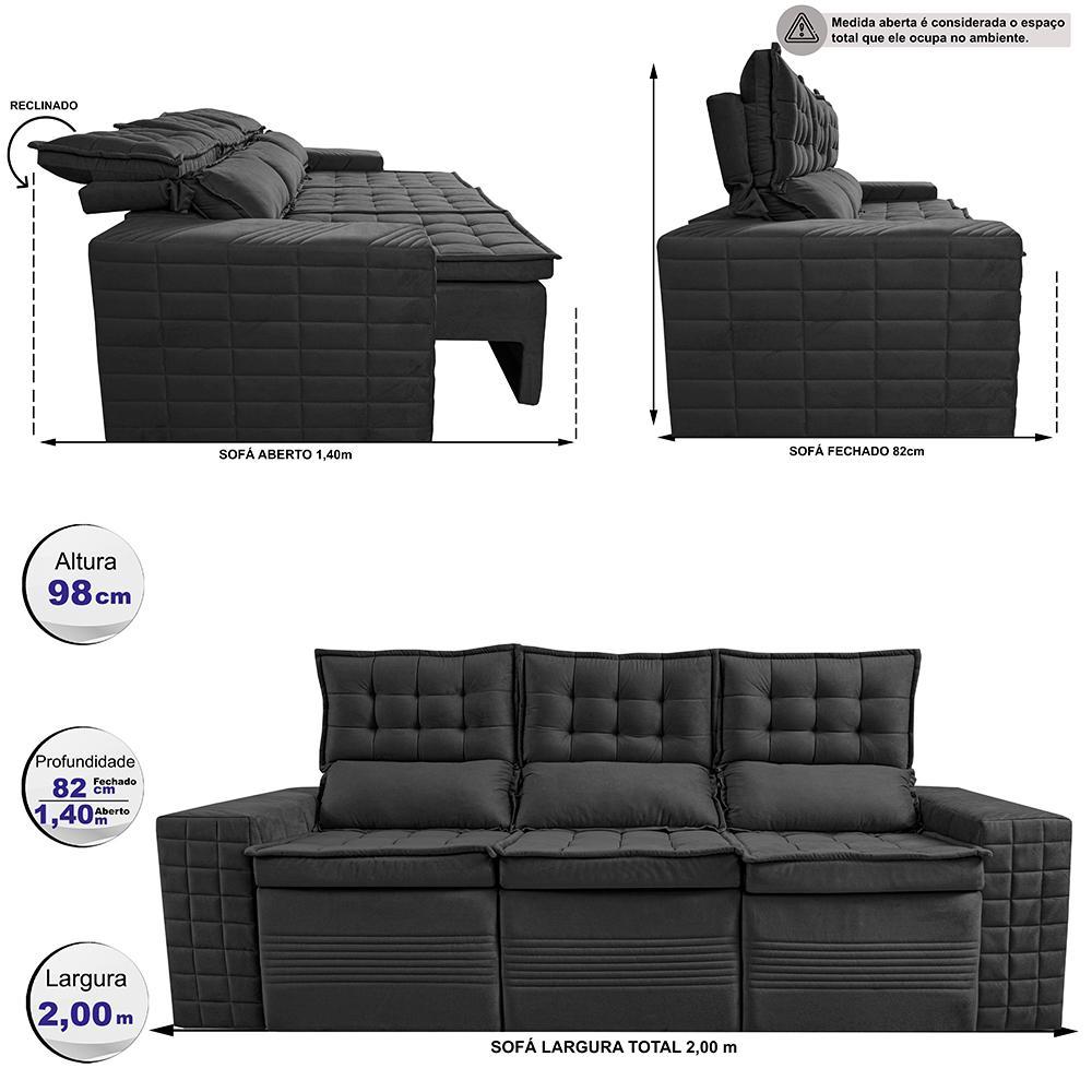 Sofá 3 Lugares Retrátil e Reclinável Cama inBox Senses 2,00m Velusoft Preto - 2