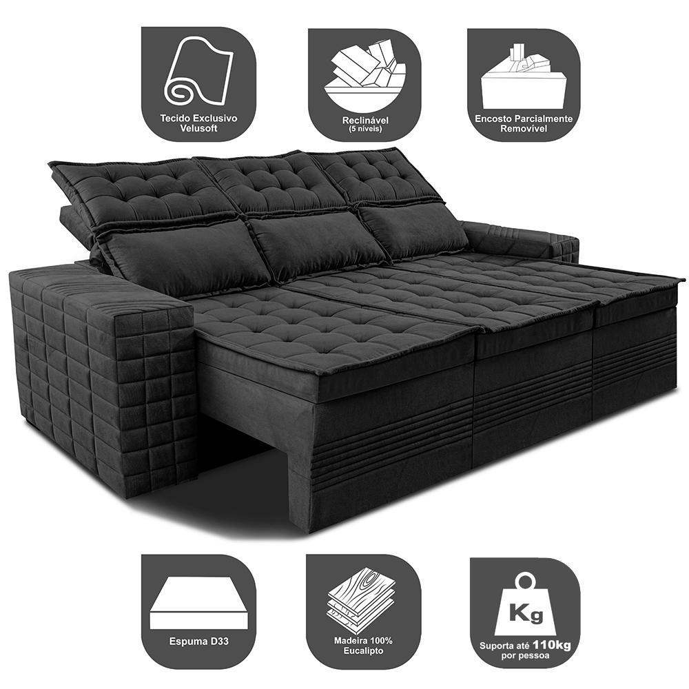 Sofá 3 Lugares Retrátil e Reclinável Cama inBox Senses 2,00m Velusoft Preto - 3