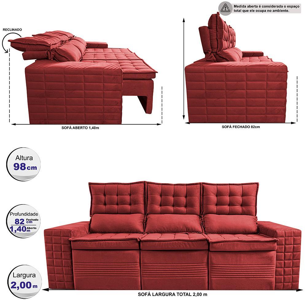 Sofá 3 Lugares Retrátil e Reclinável Cama inBox Senses 2,00m Velusoft Vermelho - 2