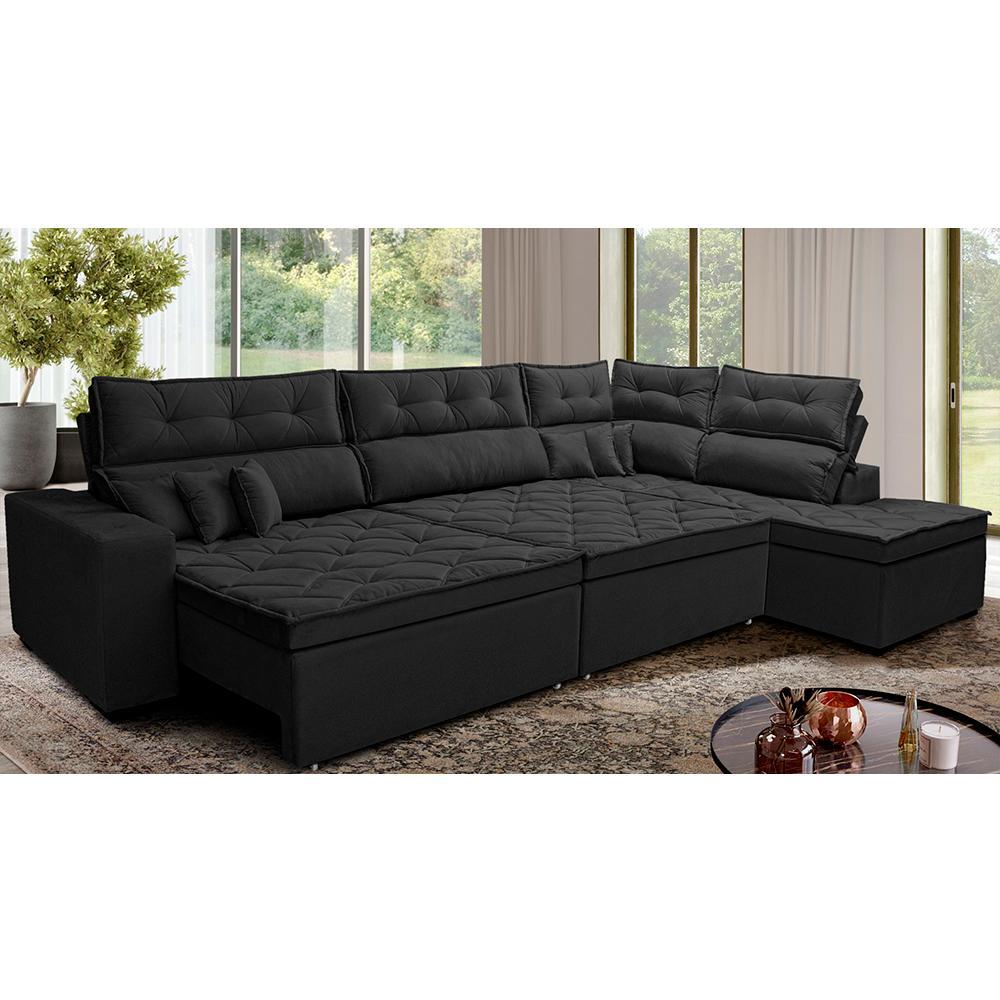 Sofá de Canto Retrátil e Reclinável Direito 3,00x2,36m Molas Cama inBox Espanha Velusoft Preto - 1