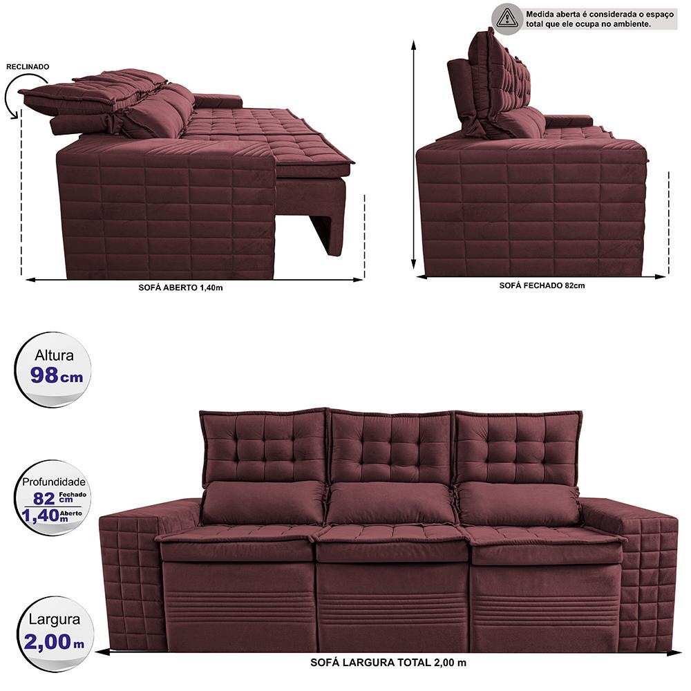 Sofá 3 Lugares Retrátil e Reclinável Cama inBox Senses 2,00m Velusoft Vinho - 2
