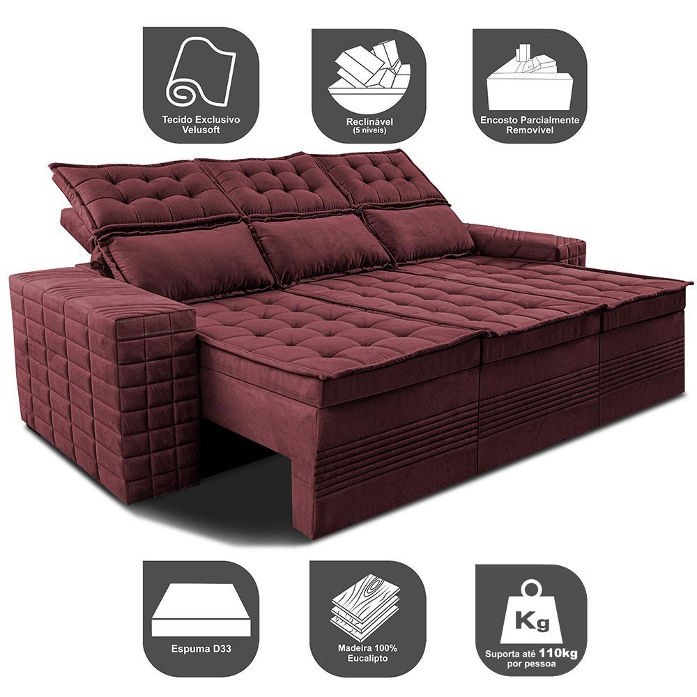 Sofá 3 Lugares Retrátil e Reclinável Cama inBox Senses 2,00m Velusoft Vinho - 3