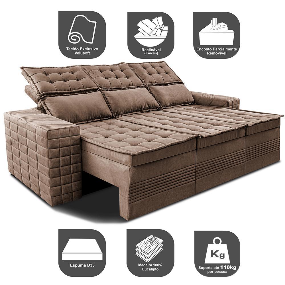 Sofá 3 Lugares Retrátil e Reclinável Cama inBox Senses 2,00m Velusoft Castor - 3