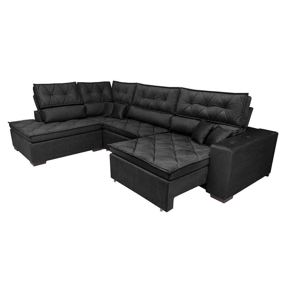 Sofá de Canto Retrátil e Reclinável Esquerdo 3,40x2,36m Molas Cama inBox Espanha Velusoft Preto - 7