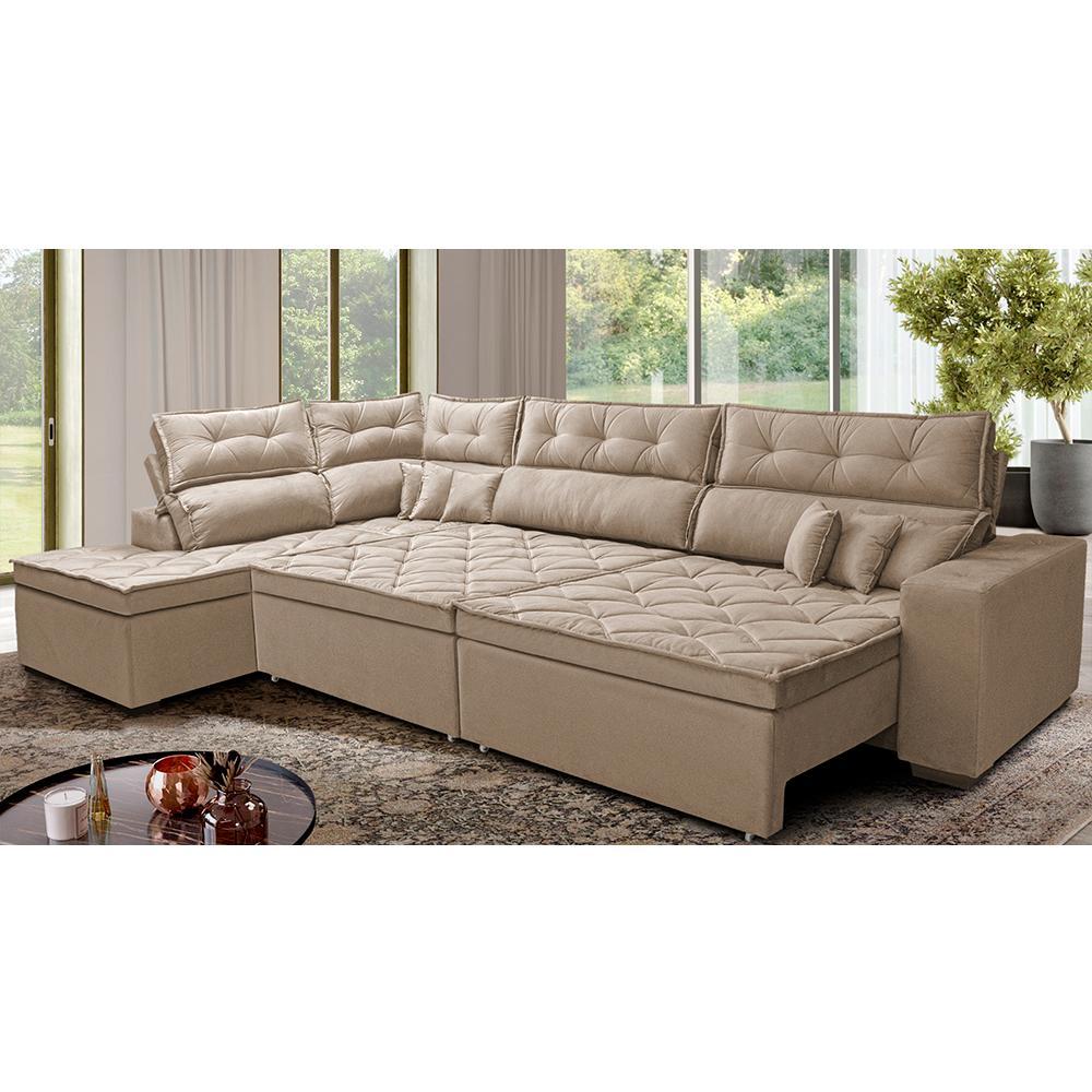 Sofá de Canto Retrátil e Reclinável Esquerdo 3,40x2,36m Molas Cama inBox Espanha Velusoft Bege - 1