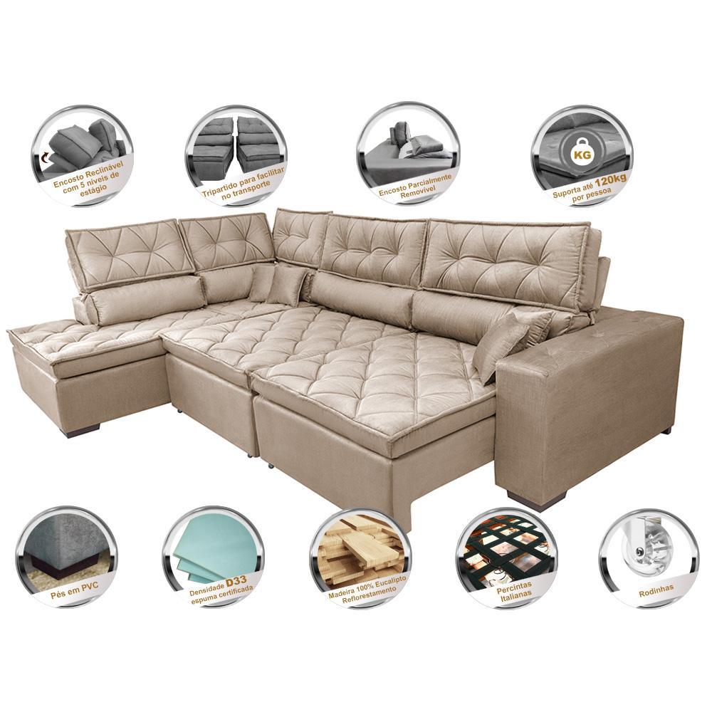Sofá de Canto Retrátil e Reclinável Esquerdo 3,40x2,36m Molas Cama inBox Espanha Velusoft Bege - 3