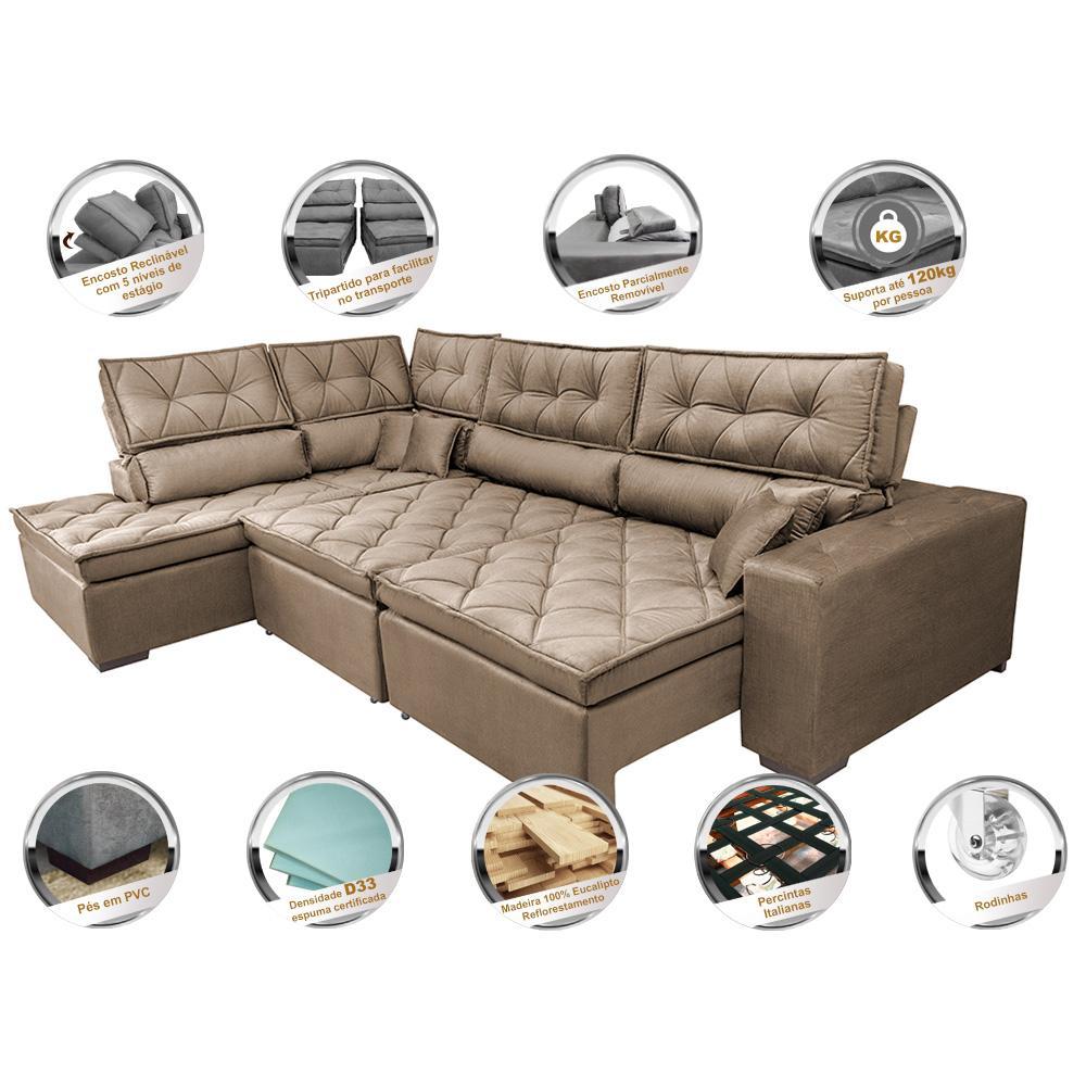Sofá de Canto Retrátil e Reclinável Esquerdo 3,40x2,36m Molas Cama inBox Espanha Velusoft Castor - 3