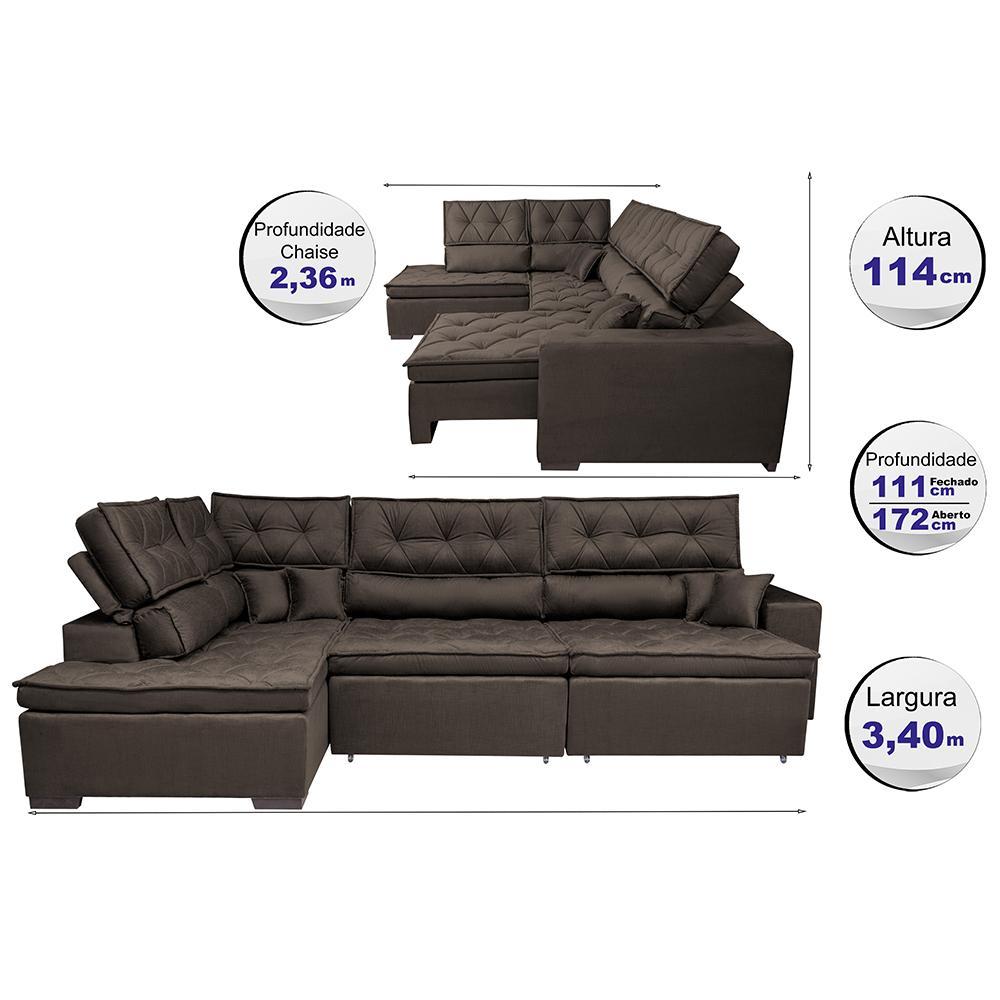 Sofá de Canto Retrátil e Reclinável Esquerdo 3,40x2,36m Molas Cama inBox Espanha Velusoft Café - 2