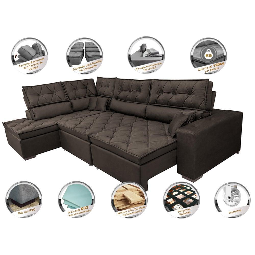 Sofá de Canto Retrátil e Reclinável Esquerdo 3,40x2,36m Molas Cama inBox Espanha Velusoft Café - 3