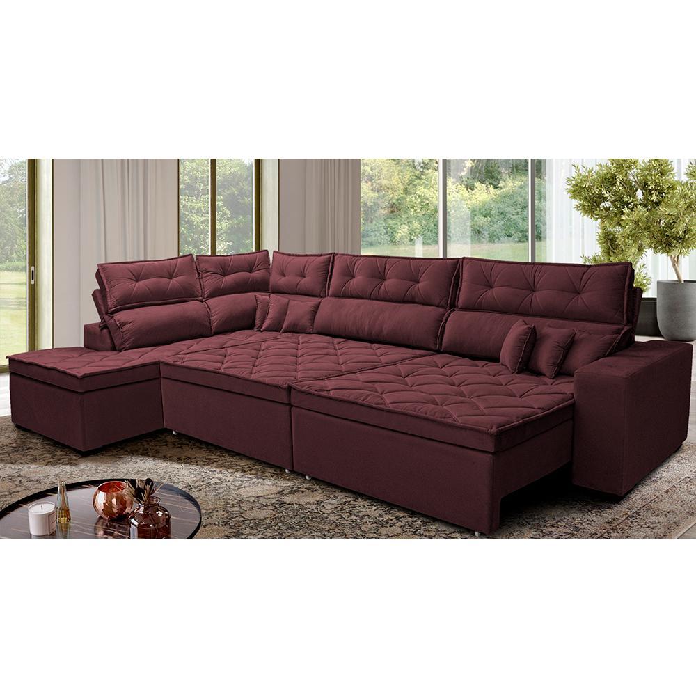 Sofá de Canto Retrátil e Reclinável Esquerdo 3,40x2,36m Molas Cama inBox Espanha Velusoft Vinho - 1