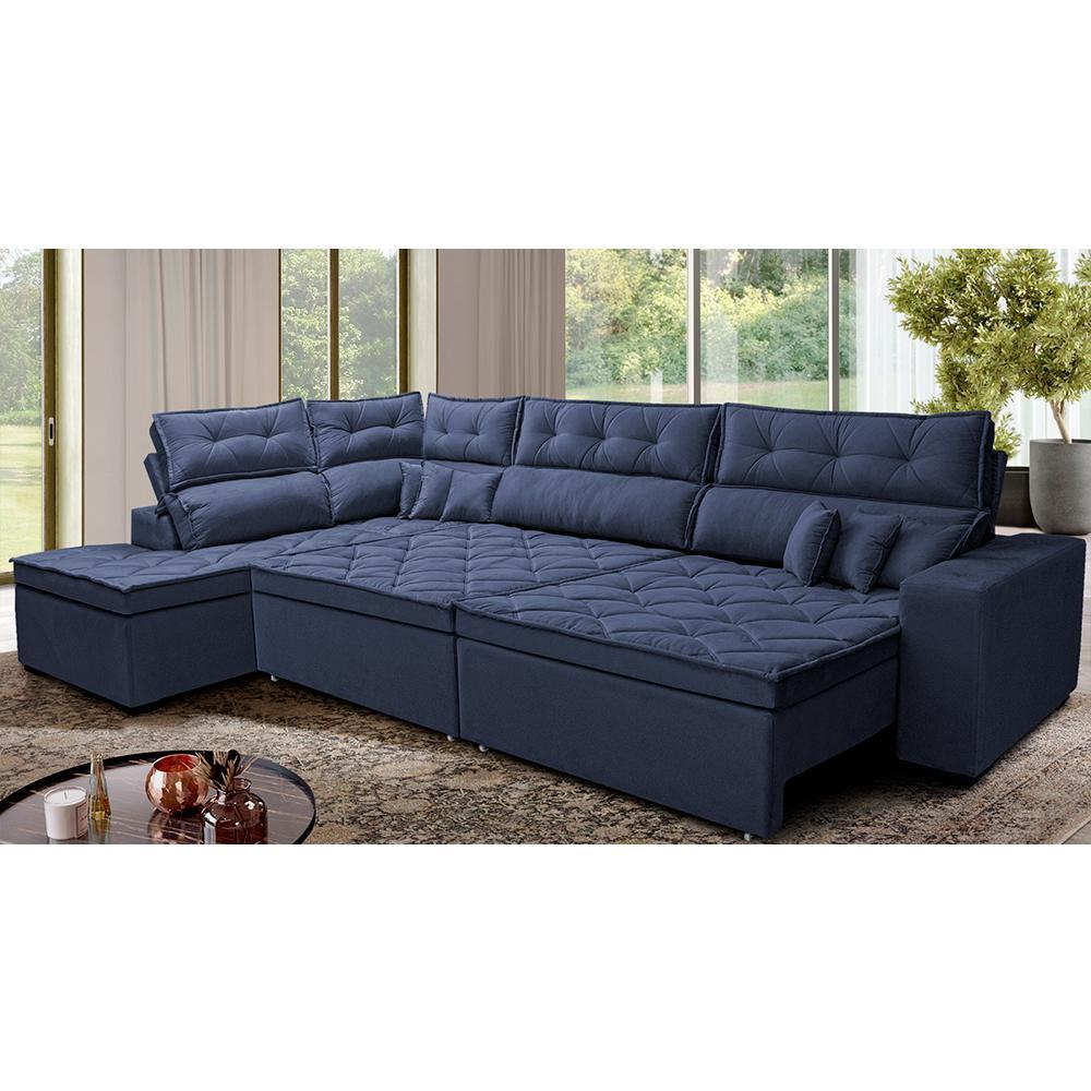 Sofá de Canto Retrátil e Reclinável Esquerdo 3,40x2,36m Molas Cama inBox Espanha Velusoft Azul - 1