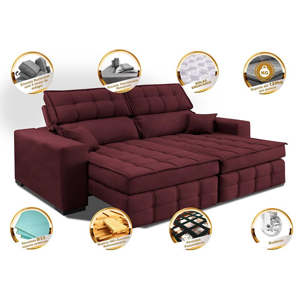 Sofá Retrátil e Reclinável 1,80m Molas Ensacadas e Costura Tripla Cama inBox Nobre Suede Vinho - 3
