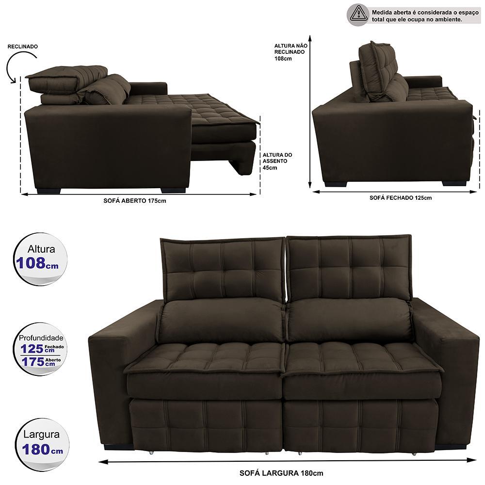 Sofá Retrátil e Reclinável 1,80m Molas Ensacadas e Costura Tripla Cama inBox Nobre Suede Café - 2