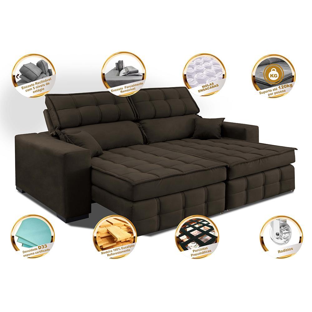 Sofá Retrátil e Reclinável 1,80m Molas Ensacadas e Costura Tripla Cama inBox Nobre Suede Café - 3