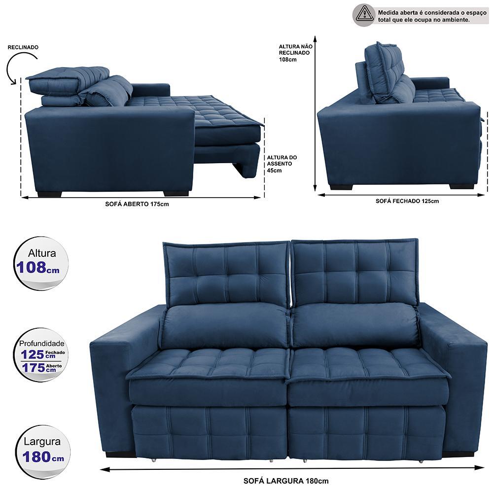 Sofá Retrátil e Reclinável 1,80m Molas Ensacadas e Costura Tripla Cama inBox Nobre Suede Azul - 2