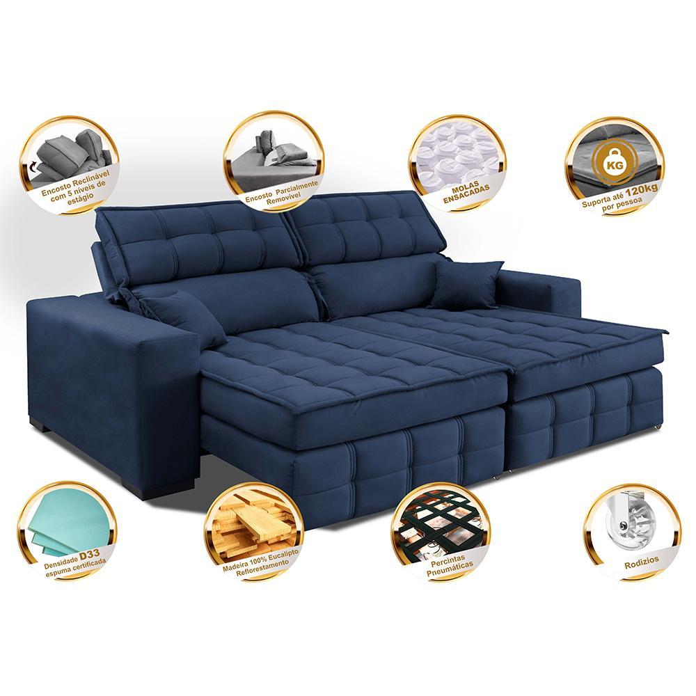 Sofá Retrátil e Reclinável 2,00m Molas Ensacadas e Costura Tripla Cama inBox Nobre Suede Azul - 3