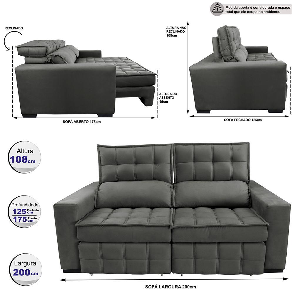 Sofá Retrátil e Reclinável 2,00m Molas Ensacadas e Costura Tripla Cama inBox Nobre Suede Cinza - 2