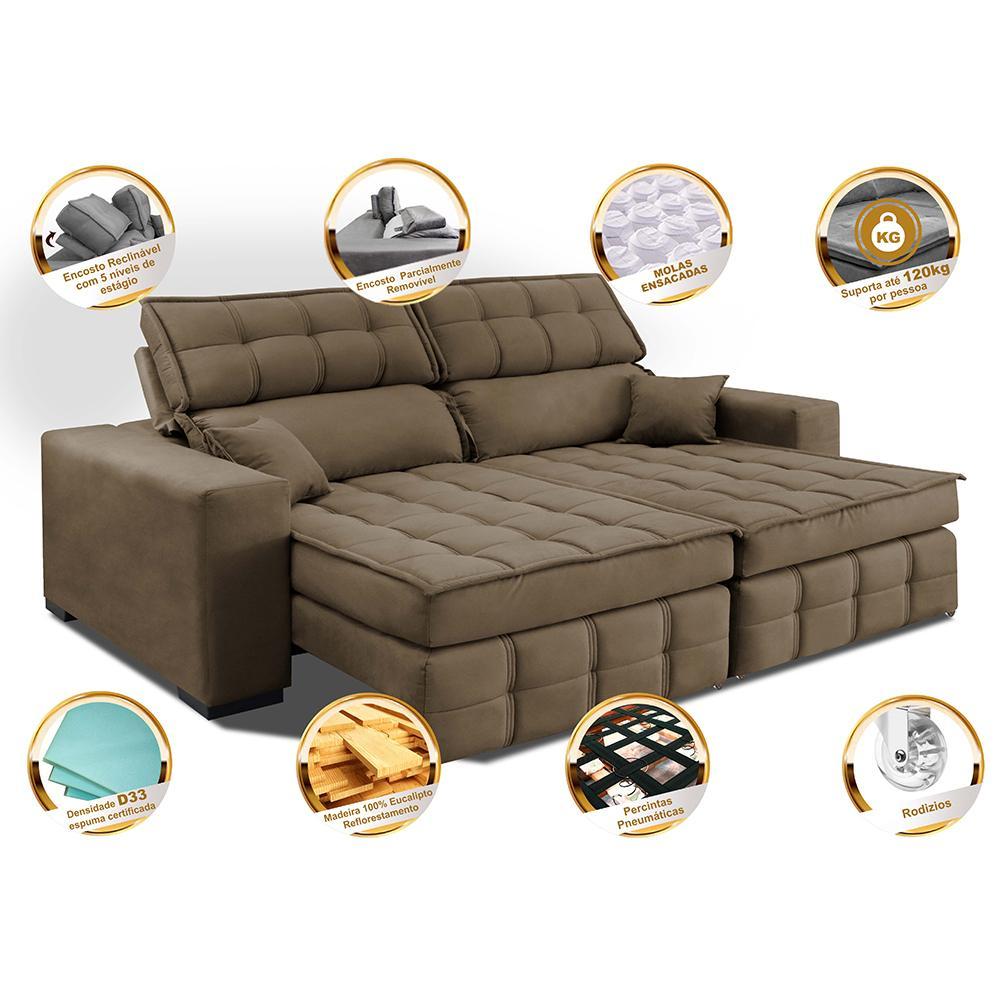Sofá Retrátil e Reclinável 2,00m Molas Ensacadas e Costura Tripla Cama inBox Nobre Suede Castor - 3