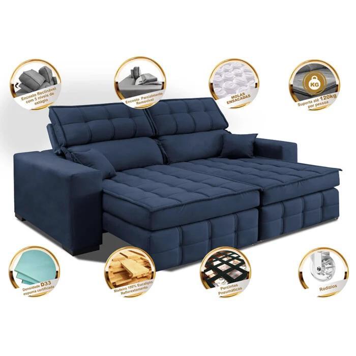 Sofá Retrátil e Reclinável 1,80m Molas Ensacadas e Costura Tripla Cama inBox Japão Velusoft Azul - 3